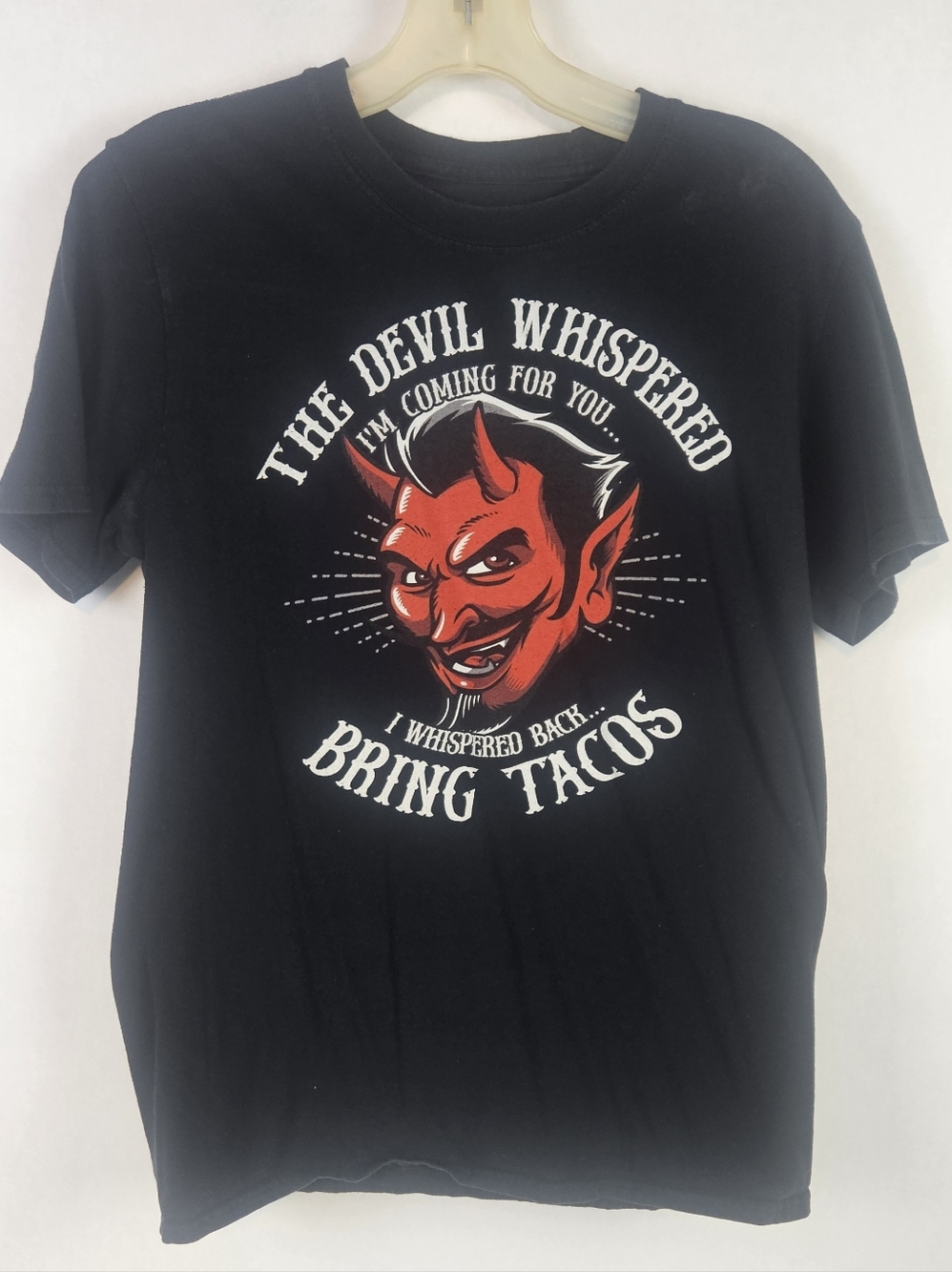 Men's Medium Black Graphic Tee - 'The Devil Whispered Bring Tacos'